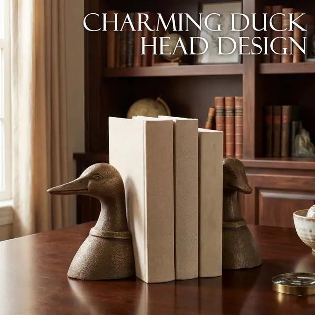 Alt view image 4 of 7 - Vintage Brass Color Decorative Distressed Cast Metal Duck Head Bookends, Metal Duck Book Ends for Shelves, 5.91 x 4.33 x 3.35 Inches, Rustic Vintage Home Office Organizer Set of 2
