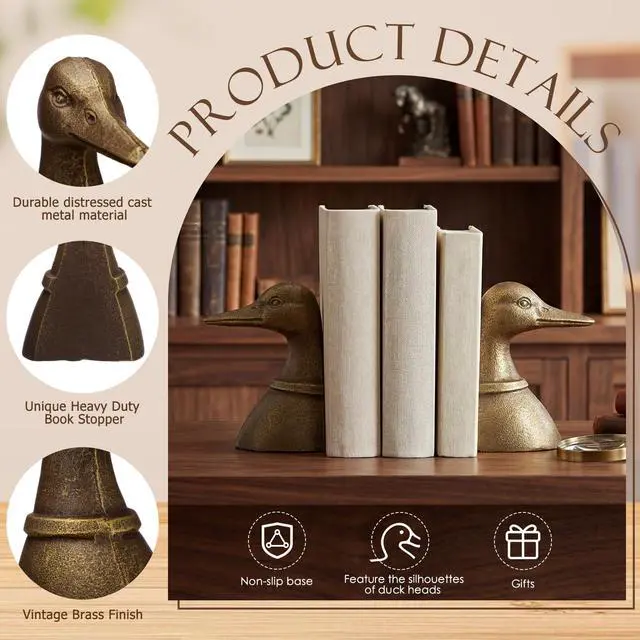 Alt view image 3 of 7 - Vintage Brass Color Decorative Distressed Cast Metal Duck Head Bookends, Metal Duck Book Ends for Shelves, 5.91 x 4.33 x 3.35 Inches, Rustic Vintage Home Office Organizer Set of 2