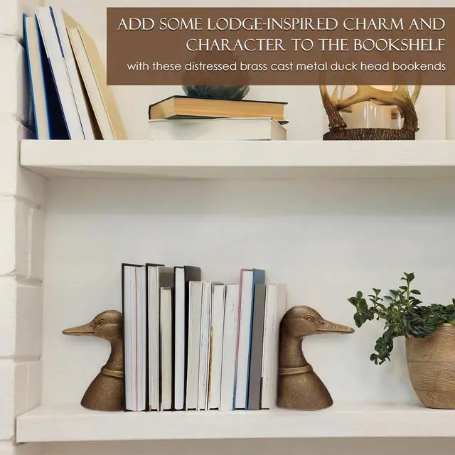 Alt view image 6 of 7 - Vintage Brass Color Decorative Distressed Cast Metal Duck Head Bookends, Metal Duck Book Ends for Shelves, 5.91 x 4.33 x 3.35 Inches, Rustic Vintage Home Office Organizer Set of 2