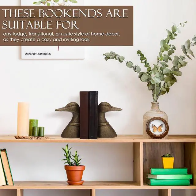 Alt view image 7 of 7 - Vintage Brass Color Decorative Distressed Cast Metal Duck Head Bookends, Metal Duck Book Ends for Shelves, 5.91 x 4.33 x 3.35 Inches, Rustic Vintage Home Office Organizer Set of 2