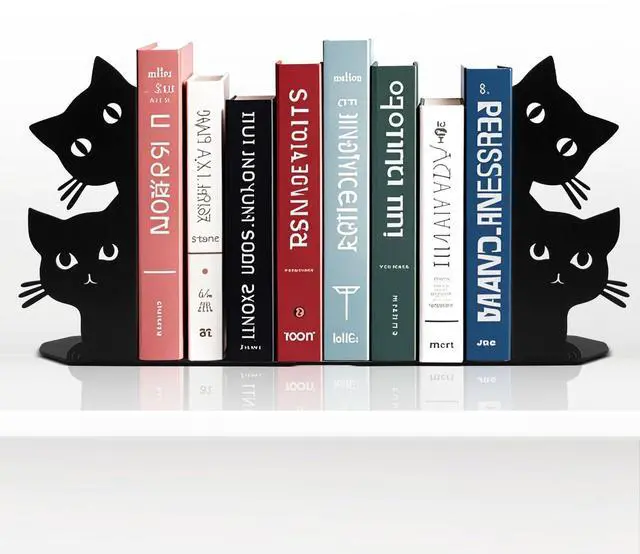 Main image of Peeping Cat Bookends for Shelves Decorative, Metal Book Ends for Heavy Books Book Stopper for Office Home Cute Desk Bookshelf Decor Cat Lover Gifts for Women (Black)