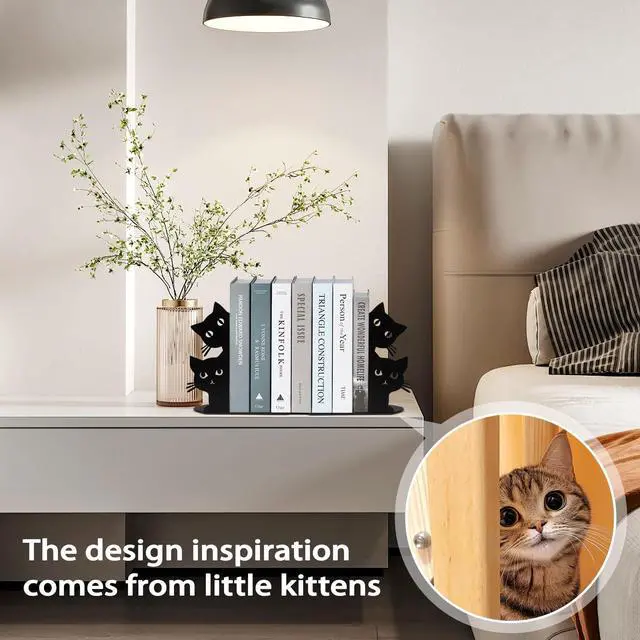 Alt view image 2 of 7 - Peeping Cat Bookends for Shelves Decorative, Metal Book Ends for Heavy Books Book Stopper for Office Home Cute Desk Bookshelf Decor Cat Lover Gifts for Women (Black)