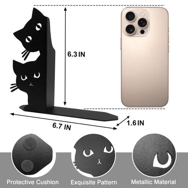 Alt view image 3 of 7 - Peeping Cat Bookends for Shelves Decorative, Metal Book Ends for Heavy Books Book Stopper for Office Home Cute Desk Bookshelf Decor Cat Lover Gifts for Women (Black)