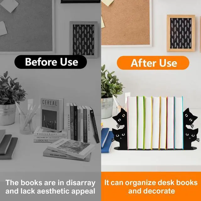 Alt view image 7 of 7 - Peeping Cat Bookends for Shelves Decorative, Metal Book Ends for Heavy Books Book Stopper for Office Home Cute Desk Bookshelf Decor Cat Lover Gifts for Women (Black)
