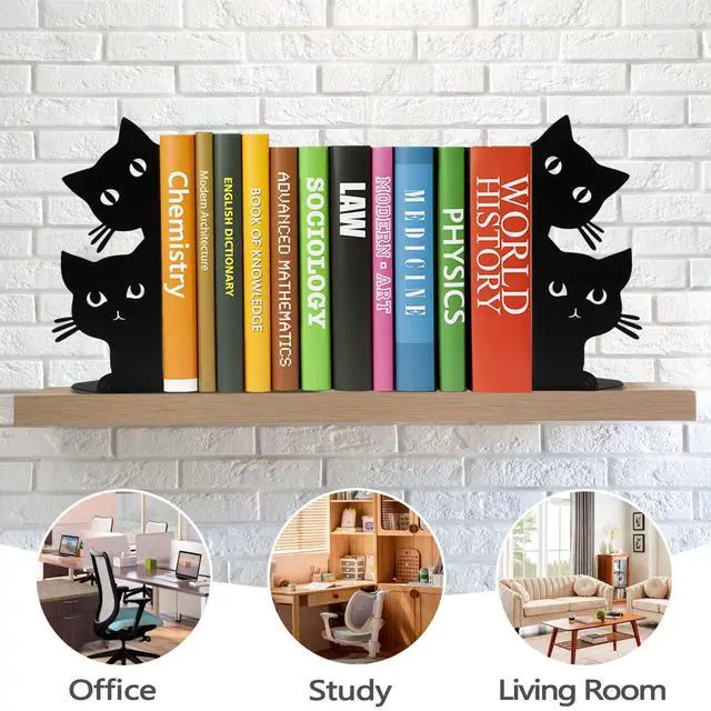 Alt view image 5 of 7 - Peeping Cat Bookends for Shelves Decorative, Metal Book Ends for Heavy Books Book Stopper for Office Home Cute Desk Bookshelf Decor Cat Lover Gifts for Women (Black)
