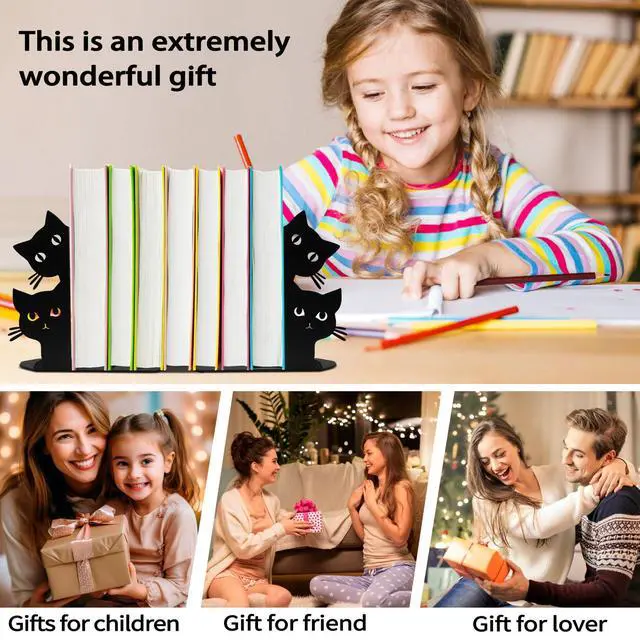 Alt view image 6 of 7 - Peeping Cat Bookends for Shelves Decorative, Metal Book Ends for Heavy Books Book Stopper for Office Home Cute Desk Bookshelf Decor Cat Lover Gifts for Women (Black)