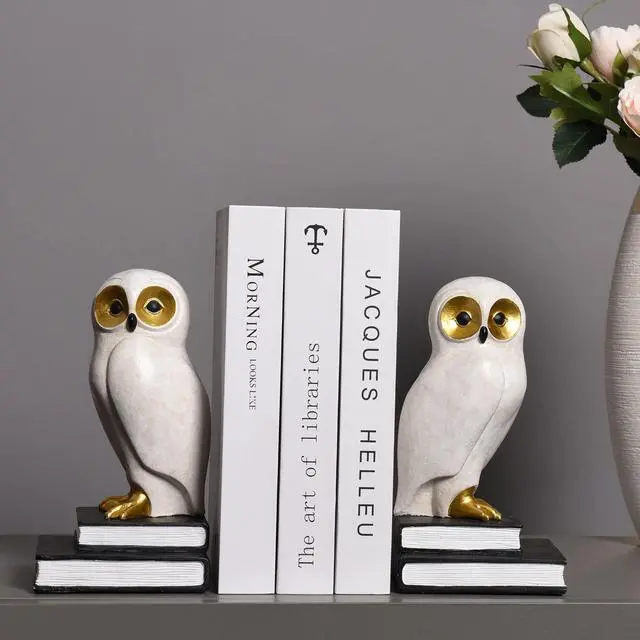 Alt view image 4 of 7 - Book Ends for Shelves, Owl Decorative Bookends Bronze Bird Book Stopper Unique Kids Book Holders with Anti-Slip Base Luxurious Bookends for Kids Rooms Office Home Decor(White)