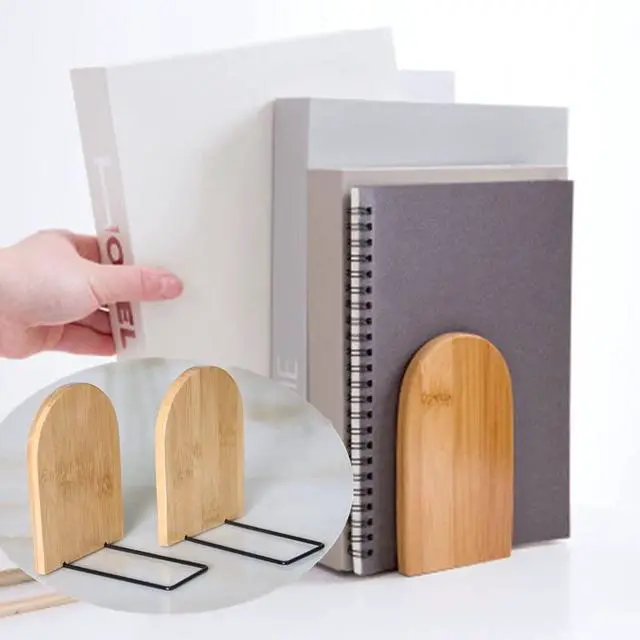 Alt view image 6 of 7 - 2 Pcs Natural Bamboo Bookend Large Capacity Office Book Ends Anti Slip Book Stand Holder Bookshelf Ends for Home Office Library School Study Decoration