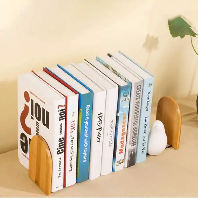 Alt view image 5 of 7 - 2 Pcs Natural Bamboo Bookend Large Capacity Office Book Ends Anti Slip Book Stand Holder Bookshelf Ends for Home Office Library School Study Decoration