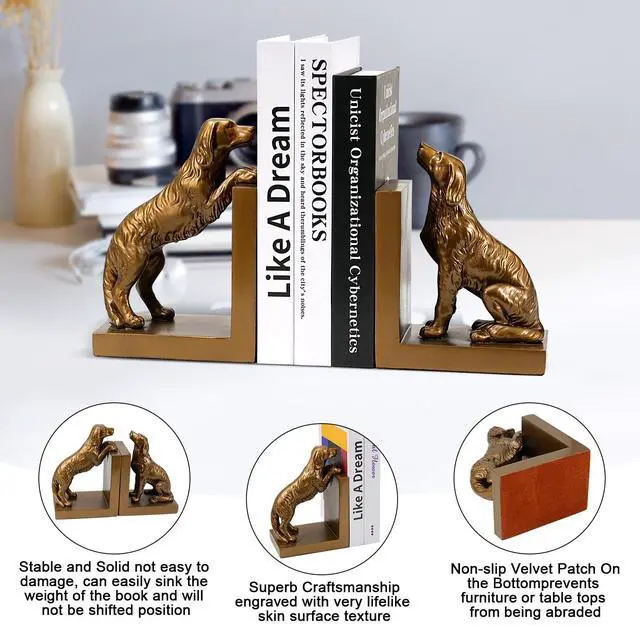 Alt view image 2 of 7 - Dog Bookends, Book Ends for Shelves to Hold Books Heavy Duty, Creative Resin Book Holders for Kitchen Desk Home Office