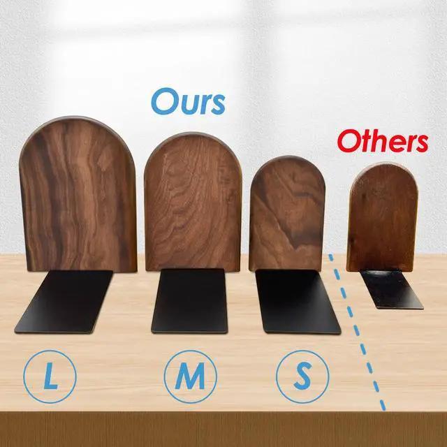 Alt view image 2 of 7 - Book Ends, Sturdy Wooden Bookends for Shelves - Heavy Duty Non-Slip Book Organizers, Decorative Bookend Holders for Home Office, Library, Black Walnut Universal Economy Bookend, Small, Brown