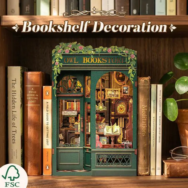 Alt view image 2 of 7 - Book Nook Kit - DIY Miniature House Kit for Adults, Teens and Beginners, Dollhouse Booknook Library Tiny House Bookshelf Decor 3D Wooden Puzzle, Gifts for Family, Friends (Owl Bookstore)