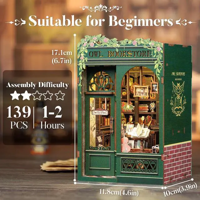 Alt view image 3 of 7 - Book Nook Kit - DIY Miniature House Kit for Adults, Teens and Beginners, Dollhouse Booknook Library Tiny House Bookshelf Decor 3D Wooden Puzzle, Gifts for Family, Friends (Owl Bookstore)
