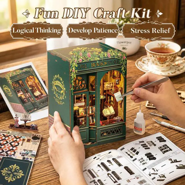 Alt view image 4 of 7 - Book Nook Kit - DIY Miniature House Kit for Adults, Teens and Beginners, Dollhouse Booknook Library Tiny House Bookshelf Decor 3D Wooden Puzzle, Gifts for Family, Friends (Owl Bookstore)