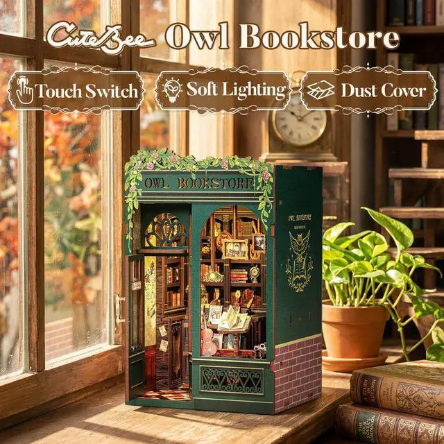 Alt view image 5 of 7 - Book Nook Kit - DIY Miniature House Kit for Adults, Teens and Beginners, Dollhouse Booknook Library Tiny House Bookshelf Decor 3D Wooden Puzzle, Gifts for Family, Friends (Owl Bookstore)