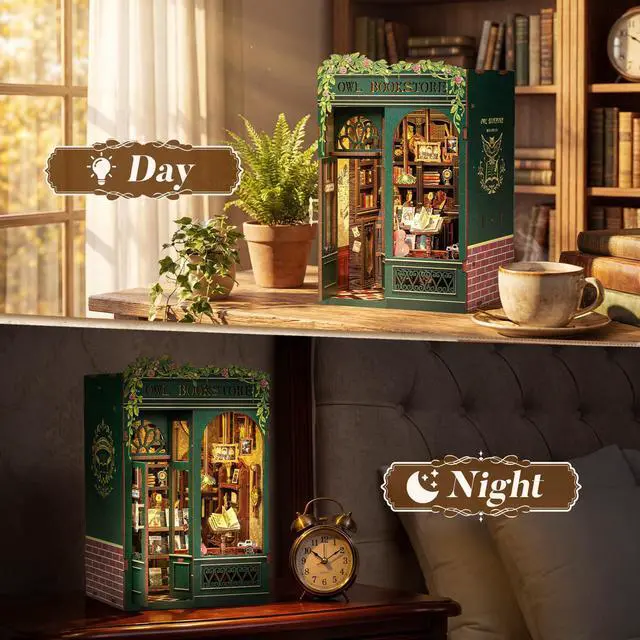 Alt view image 7 of 7 - Book Nook Kit - DIY Miniature House Kit for Adults, Teens and Beginners, Dollhouse Booknook Library Tiny House Bookshelf Decor 3D Wooden Puzzle, Gifts for Family, Friends (Owl Bookstore)