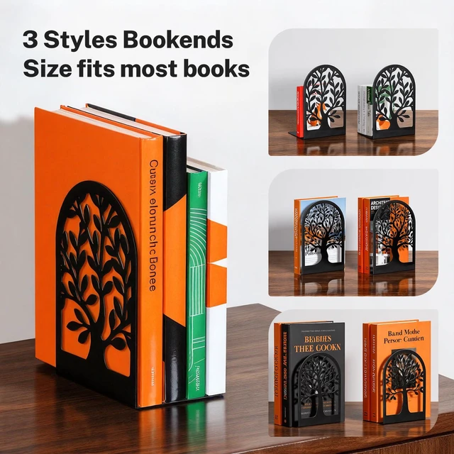 Alt view image 2 of 7 - 7 Pair Book Ends, Metal Bookends for Shelves, Decorative Bookends | Decorative Book Holder for Shelf, Tree Stopper for Heavy Books, Black Book Ends for Home Office, 6.5 X 4.7 X 3.5 Inch