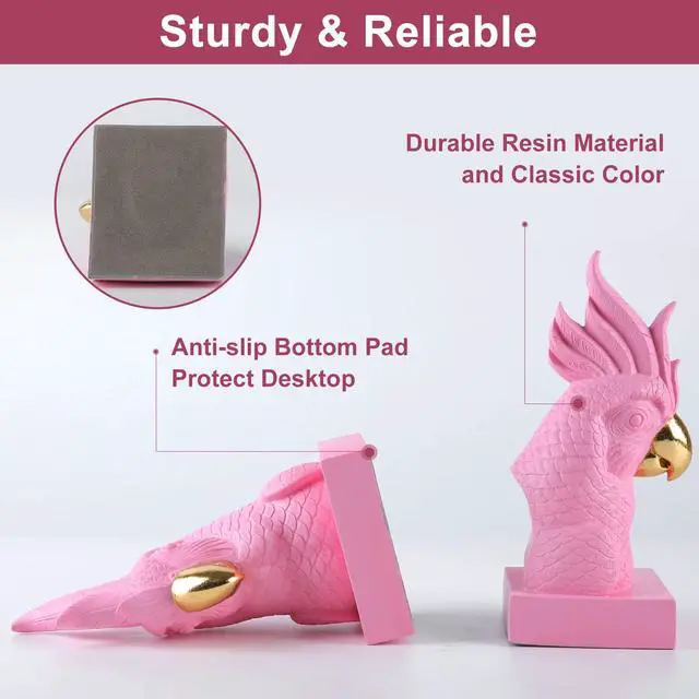 Alt view image 4 of 6 - Cute Pink Parrot Decorative BookendsMaximalist Bookshelf Decor | Unique Book Stopper Resin Bird Bookend for Home Office Desk Bookshelf DecorFun Animal Book Ends Hold Hevay Duty Books