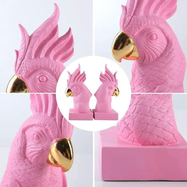 Alt view image 3 of 6 - Cute Pink Parrot Decorative BookendsMaximalist Bookshelf Decor | Unique Book Stopper Resin Bird Bookend for Home Office Desk Bookshelf DecorFun Animal Book Ends Hold Hevay Duty Books