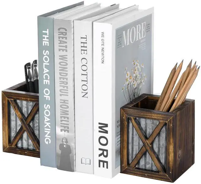Main image of Rustic Bookends with Pen Holder, Wood & Metal Desk Organizer | Keeps books upright while built-in compartments organize pens, pencils, and desk essentials for work or study spaces