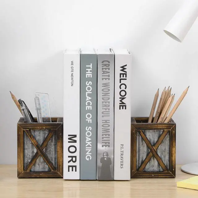 Alt view image 2 of 7 - Rustic Bookends with Pen Holder, Wood & Metal Desk Organizer | Keeps books upright while built-in compartments organize pens, pencils, and desk essentials for work or study spaces