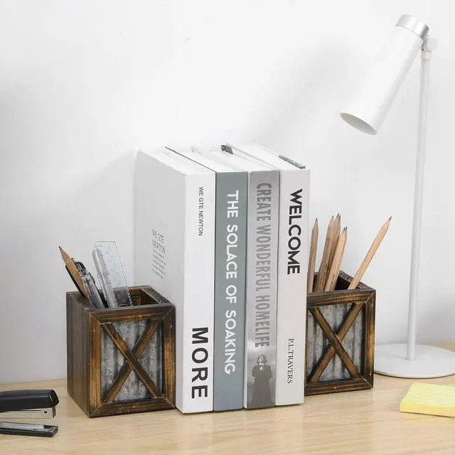 Alt view image 3 of 7 - Rustic Bookends with Pen Holder, Wood & Metal Desk Organizer | Keeps books upright while built-in compartments organize pens, pencils, and desk essentials for work or study spaces