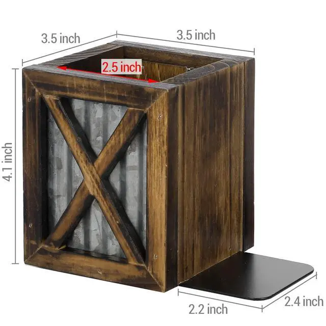 Alt view image 4 of 7 - Rustic Bookends with Pen Holder, Wood & Metal Desk Organizer | Keeps books upright while built-in compartments organize pens, pencils, and desk essentials for work or study spaces