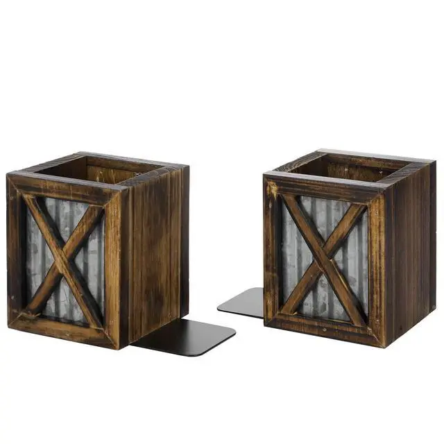 Alt view image 5 of 7 - Rustic Bookends with Pen Holder, Wood & Metal Desk Organizer | Keeps books upright while built-in compartments organize pens, pencils, and desk essentials for work or study spaces