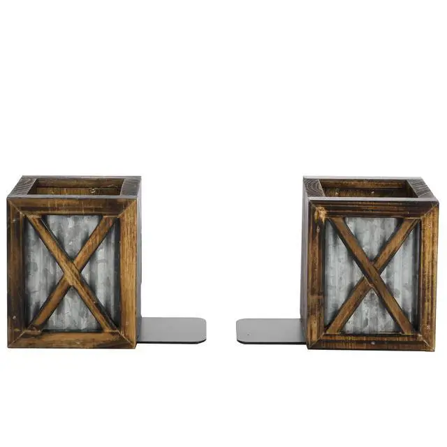 Alt view image 6 of 7 - Rustic Bookends with Pen Holder, Wood & Metal Desk Organizer | Keeps books upright while built-in compartments organize pens, pencils, and desk essentials for work or study spaces