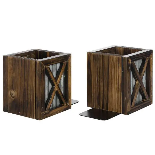 Alt view image 7 of 7 - Rustic Bookends with Pen Holder, Wood & Metal Desk Organizer | Keeps books upright while built-in compartments organize pens, pencils, and desk essentials for work or study spaces