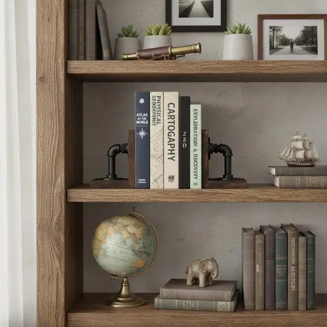 Alt view image 2 of 7 - Burnt Wood Bookends with Metal Industrial Pipe Design, 2 Piece Set | Farmhouse Industrial Style Book ends for Shelves, Decorative Wood Book Stopper for Home Office, Decor for Office, Library