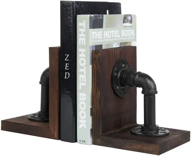 Main image of Burnt Wood Bookends with Metal Industrial Pipe Design, 2 Piece Set | Farmhouse Industrial Style Book ends for Shelves, Decorative Wood Book Stopper for Home Office, Decor for Office, Library