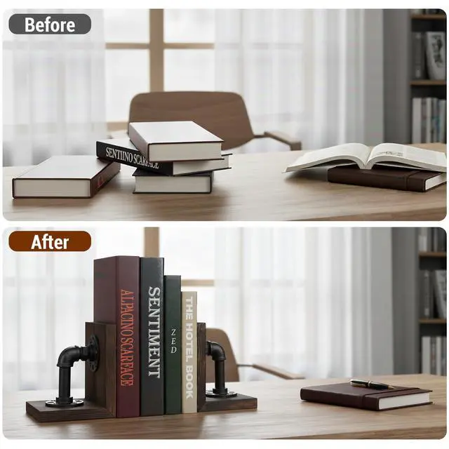 Alt view image 3 of 7 - Burnt Wood Bookends with Metal Industrial Pipe Design, 2 Piece Set | Farmhouse Industrial Style Book ends for Shelves, Decorative Wood Book Stopper for Home Office, Decor for Office, Library