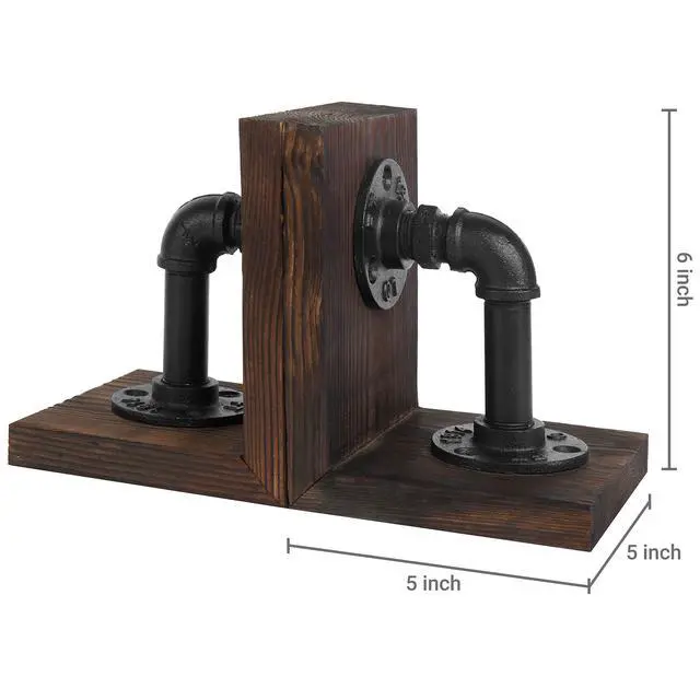 Alt view image 4 of 7 - Burnt Wood Bookends with Metal Industrial Pipe Design, 2 Piece Set | Farmhouse Industrial Style Book ends for Shelves, Decorative Wood Book Stopper for Home Office, Decor for Office, Library