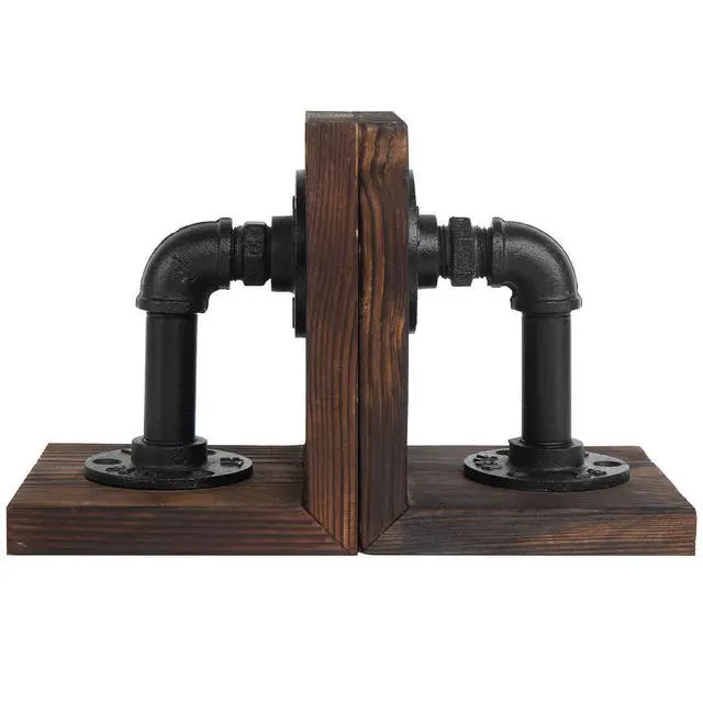 Alt view image 5 of 7 - Burnt Wood Bookends with Metal Industrial Pipe Design, 2 Piece Set | Farmhouse Industrial Style Book ends for Shelves, Decorative Wood Book Stopper for Home Office, Decor for Office, Library