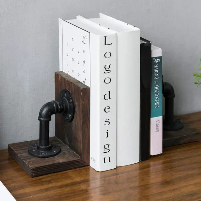 Alt view image 7 of 7 - Burnt Wood Bookends with Metal Industrial Pipe Design, 2 Piece Set | Farmhouse Industrial Style Book ends for Shelves, Decorative Wood Book Stopper for Home Office, Decor for Office, Library