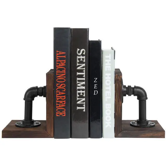 Alt view image 6 of 7 - Burnt Wood Bookends with Metal Industrial Pipe Design, 2 Piece Set | Farmhouse Industrial Style Book ends for Shelves, Decorative Wood Book Stopper for Home Office, Decor for Office, Library