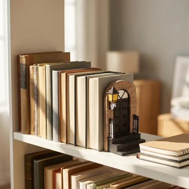 Alt view image 2 of 7 - 1 Pcs Decorative Bookend with Lighted Lantern, Vintage Resin Book End for Shelves, Unique Book End Weighted Rustic Book Holder for Home, Office and Library Decor (A)