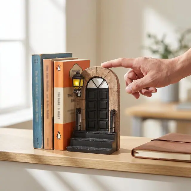 Alt view image 4 of 7 - 1 Pcs Decorative Bookend with Lighted Lantern, Vintage Resin Book End for Shelves, Unique Book End Weighted Rustic Book Holder for Home, Office and Library Decor (A)