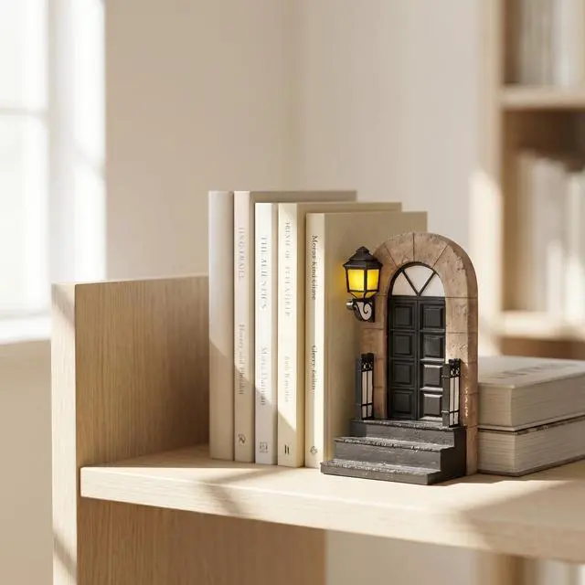 Alt view image 6 of 7 - 1 Pcs Decorative Bookend with Lighted Lantern, Vintage Resin Book End for Shelves, Unique Book End Weighted Rustic Book Holder for Home, Office and Library Decor (A)