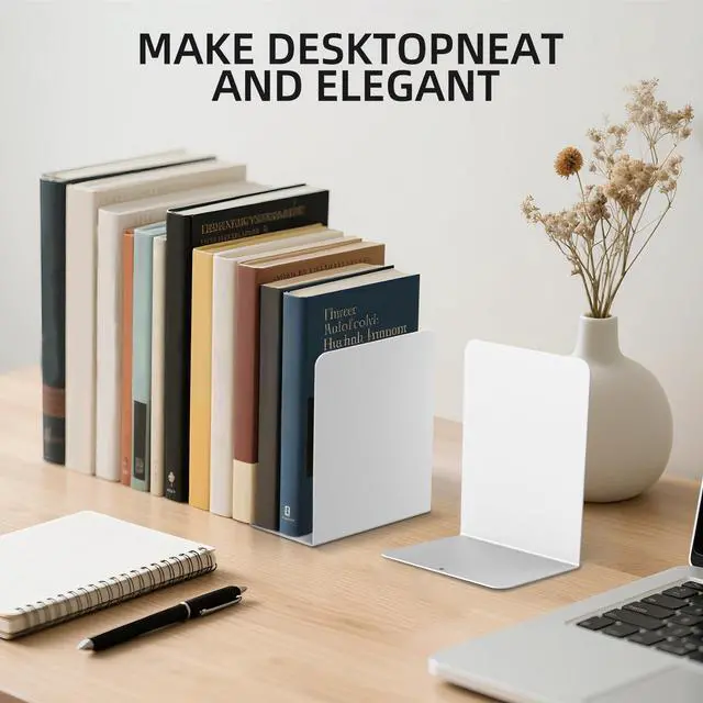 Alt view image 2 of 7 - Book Ends, 2 Pieces Metal Bookend for Shelves, Bookends for Heavy Books | Book Holders for Shelves, Desk Organizers, Book Dividers for Office, School, Bookstore, Home