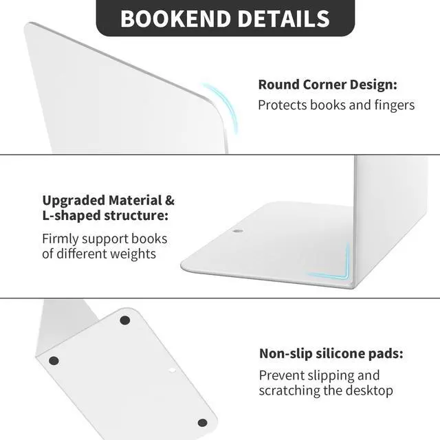 Alt view image 4 of 7 - Book Ends, 2 Pieces Metal Bookend for Shelves, Bookends for Heavy Books | Book Holders for Shelves, Desk Organizers, Book Dividers for Office, School, Bookstore, Home