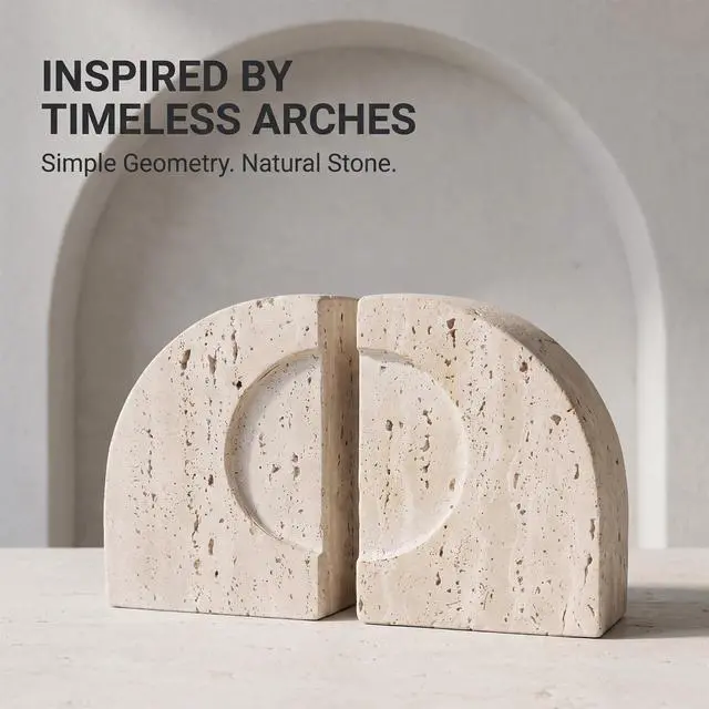 Alt view image 2 of 6 - Travertine Book Ends, Decorative Stone Bookends for Shelves, Heavy Bookends | Natural StoneBook Stopper | Sculptural Arch-Inspired Design | Organic Tones Inspired by Classical Roman Architecture