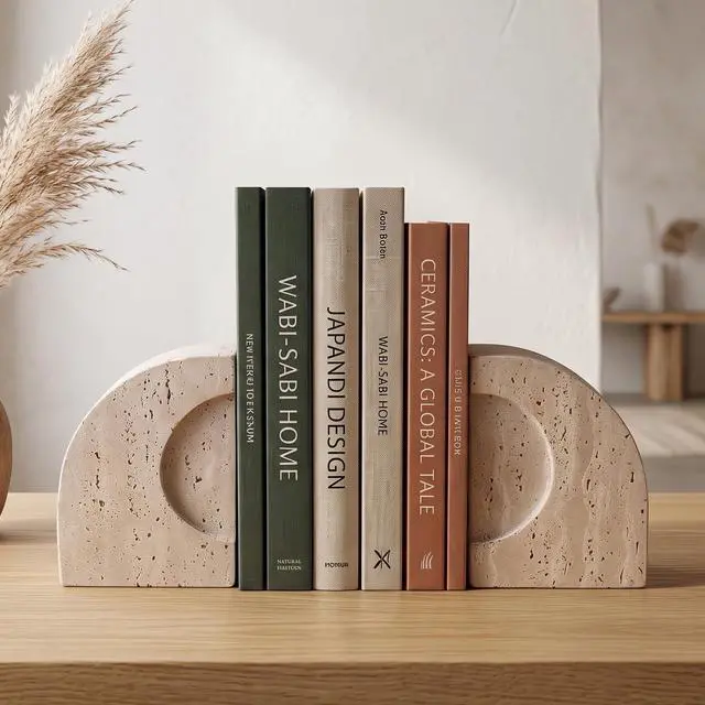 Alt view image 4 of 6 - Travertine Book Ends, Decorative Stone Bookends for Shelves, Heavy Bookends | Natural StoneBook Stopper | Sculptural Arch-Inspired Design | Organic Tones Inspired by Classical Roman Architecture