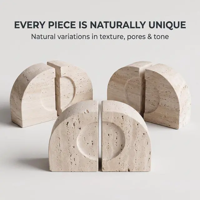 Alt view image 5 of 6 - Travertine Book Ends, Decorative Stone Bookends for Shelves, Heavy Bookends | Natural StoneBook Stopper | Sculptural Arch-Inspired Design | Organic Tones Inspired by Classical Roman Architecture