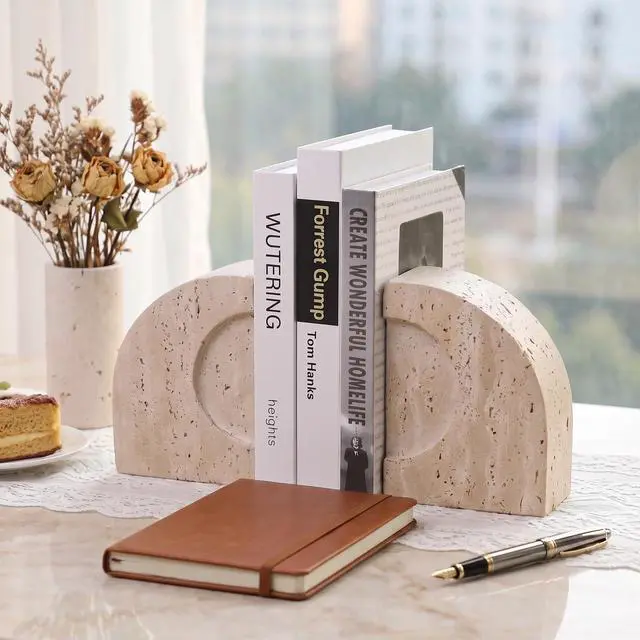 Alt view image 3 of 6 - Travertine Book Ends, Decorative Stone Bookends for Shelves, Heavy Bookends | Natural StoneBook Stopper | Sculptural Arch-Inspired Design | Organic Tones Inspired by Classical Roman Architecture