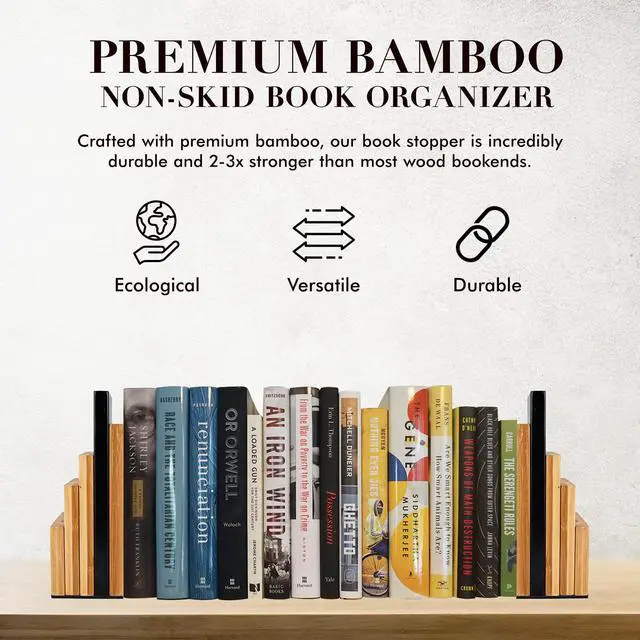 Alt view image 2 of 7 - DESIGN Bamboo Book End/Book Organizer - Non-Skid Decorative Bookends for Office and Home - Book Holders for Shelves - Substantial Weight - Holds Heavy Books