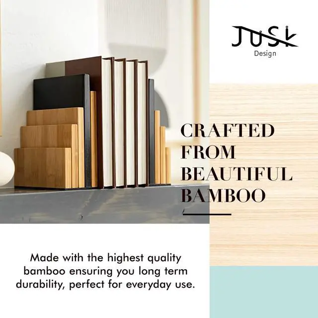 Alt view image 3 of 7 - DESIGN Bamboo Book End/Book Organizer - Non-Skid Decorative Bookends for Office and Home - Book Holders for Shelves - Substantial Weight - Holds Heavy Books