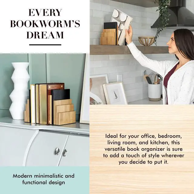 Alt view image 5 of 7 - DESIGN Bamboo Book End/Book Organizer - Non-Skid Decorative Bookends for Office and Home - Book Holders for Shelves - Substantial Weight - Holds Heavy Books