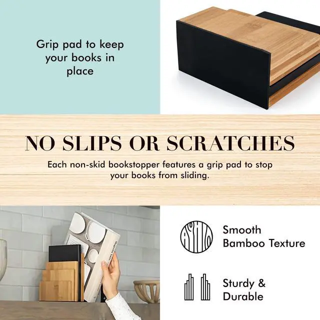 Alt view image 4 of 7 - DESIGN Bamboo Book End/Book Organizer - Non-Skid Decorative Bookends for Office and Home - Book Holders for Shelves - Substantial Weight - Holds Heavy Books